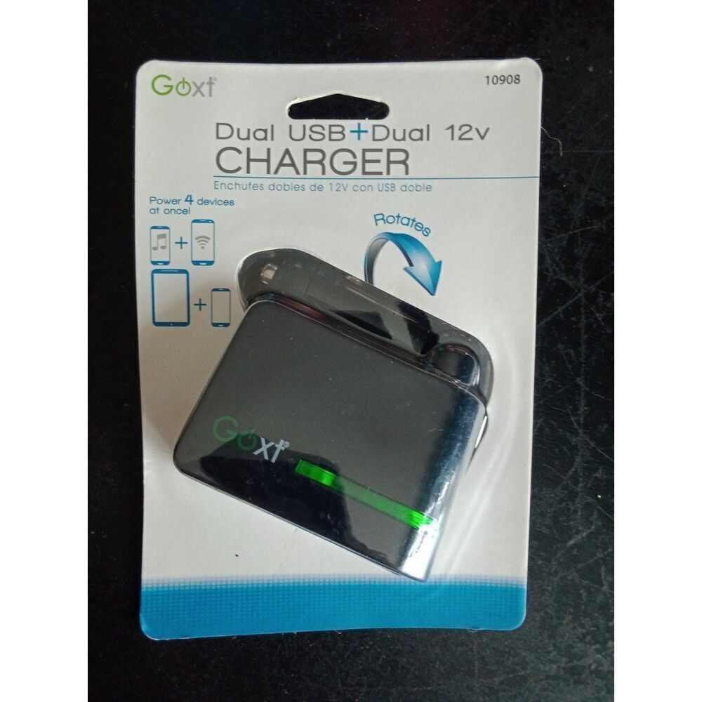 Car Charger Dual USB + Dual 12v Powers 4 Devices at once